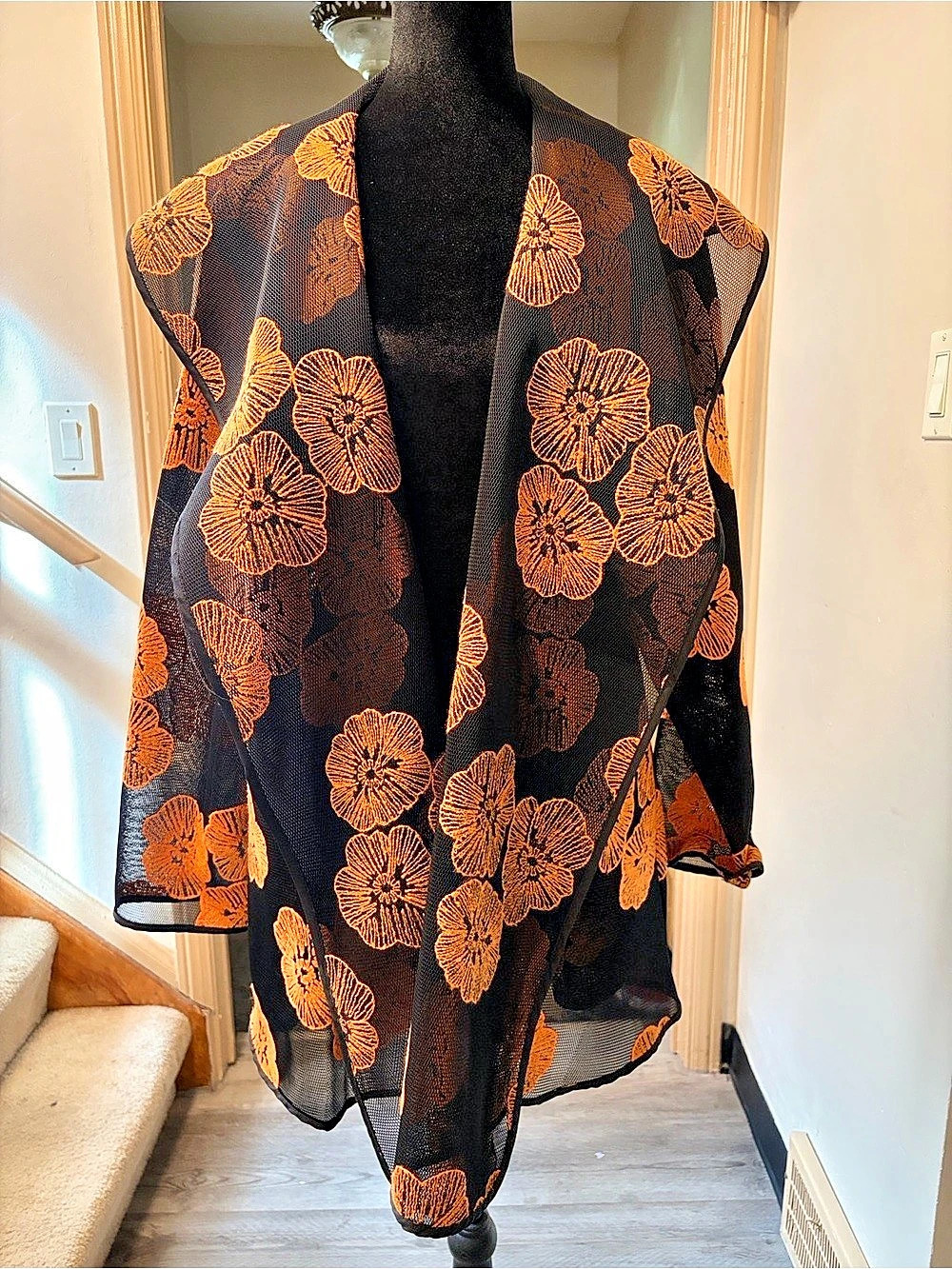 Black Floral Kimono-Style Jacket with Vibrant Sunset Orange Blossoms. Like New